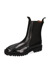 Botas Chelsea de cuero negro con paneles elásticos laterales, puntera redonda y suela de goma resistente con patrón de banda de rodadura texturizado.