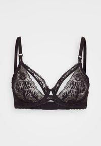Mustan pitsisen bralette, jossa on kolmion muotoinen muotoilu, kukkakuviot, säädettävä hihnasto ja sileä vyötärö takana.