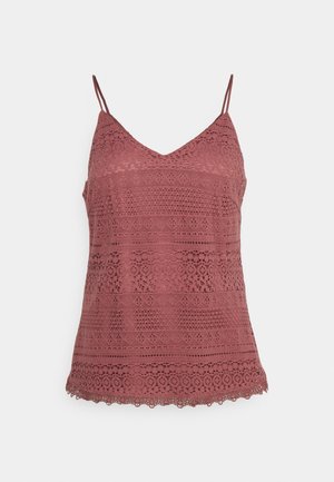 Spitzen-Camisole in staubigem Rosa mit V-Ausschnitt, dünnen Schulterriemen und filigranen Mustern sowie einer detailreichen, gewellten Saumkante.