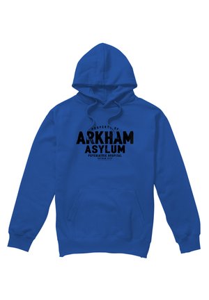 Blue hooded sweatshirt with front pocket and black text reading "Property of Arkham Asylum Psychiatric Hospital Gotham City."