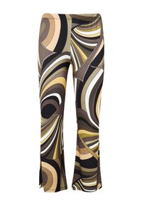 Multicolore flared broeken met een wervelend patroon in tinten bruin, beige, zwart en wit; elastische tailleband en een gladde textuur.