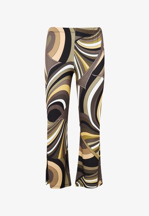 Multicolored flared pants featuring a swirling pattern in shades of brown, beige, black, and white; elastic waistband and smooth texture.
