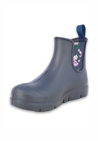 Schwarze Gummistiefelette mit floralem Design, elastischen Seitenpaneelen, strukturierter Oberfläche und Zuglasche für einfaches Anziehen. Flache Gummisohle.