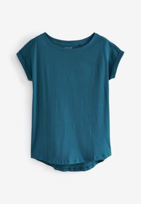Türkisfarbenes T-Shirt mit kurzen Ärmeln, Rundhalsausschnitt, leicht geschwungenem Saum und lockerem Sitz.