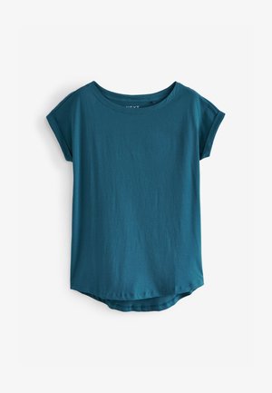 Turquoise T-shirt met korte mouwen en ronde hals, voorzien van een licht gebogen zoom en een ontspannen pasvorm.