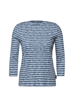 Haut à manches longues bleu et blanc à rayures horizontales, fabriqué en tissu texturé avec un col rond. Présente un design ajusté.