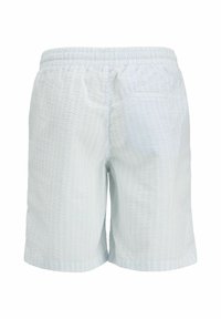 Shorts tissés bleu clair avec une finition texturée, taille élastique et une poche arrière unique. Présente des rayures verticales subtiles.