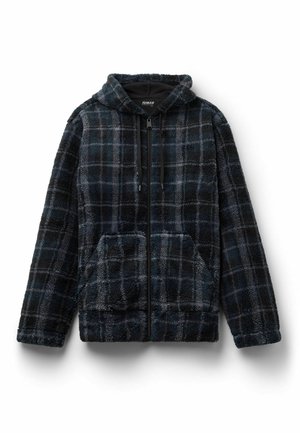 Flauschige schwarze und marineblaue Karojacke mit Kapuze, Frontreißverschluss und zwei großen Taschen. Weicher Stoff mit lässigem Schnitt.