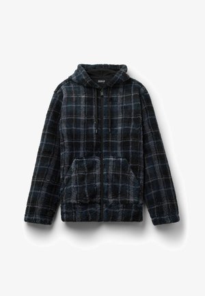 Flauschige schwarze und marineblaue Karojacke mit Kapuze, Frontreißverschluss und zwei großen Taschen. Weicher Stoff mit lässigem Schnitt.