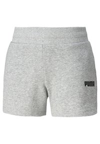Vaaleanharmaat Puma-urheilushortsit, joissa on elastinen vyötärö ja musta Puma-logo vasemmassa reidessä, valmistettu pehmeästä kankaasta.