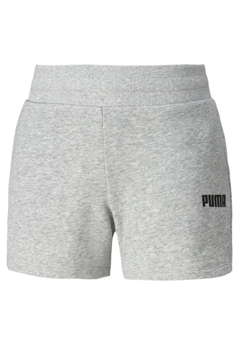Jasnoszare spodenki sportowe Puma z elastycznym paskiem w talii i czarnym logo Puma na lewej udzie, wykonane z miękkiego materiału.