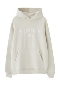 Hoodie color avorio con tasca frontale, polsini a coste e logo "PULL&BEAR" stampato sul petto.