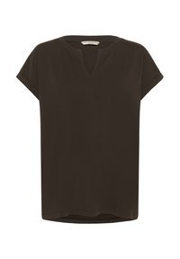 Dark brown short-sleeve top, featuring a V-neckline and rounded hem. Made of soft fabric with a relaxed fit and rolled sleeve cuffs.