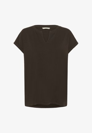 Tmavě hnědý top s krátkým rukávem, který má výstřih do V a zaoblený lem. Je vyroben z měkké tkaniny s volným střihem a ohrnutými rukávy.