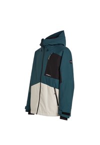 Chaqueta de esquí en tonos verde azulado y negro con un diseño bicolor, que presenta bolsillos con cremallera, capucha ajustable y textura suave.