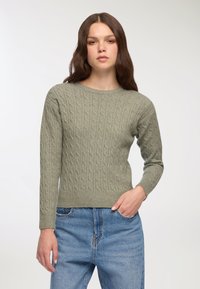 Kobieta z długimi brązowymi włosami, ubrana w jasnoszary sweter w warkocze i niebieskie dżinsy, stojąca z jedną ręką w kieszeni na białym tle.