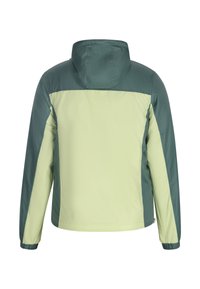 Ljusgrön vattentät jacka med mörkgröna accenter, med huva, elastiska muddar och en färgblockerad design. Visad bakvy.