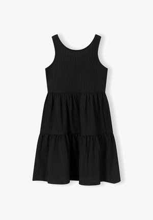 Varrukateta must kihiline kleit tekstuurse kangaga, ümar kaelus ja kogutud vöökohaga, sobib vaba aja või poolformaalseks kandmiseks.