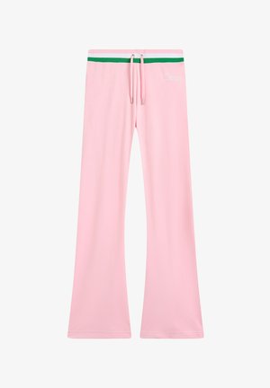 Pantaloni da svago rosa a campana con vita regolabile, fascia a strisce verdi e bianche in contrasto, e logo ricamato "Juicy" sul davanti.