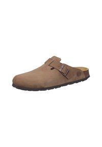Brown suede clogs with a smooth finish, featuring a dual strap and buckle design. Cork footbed with a textured black rubber sole.