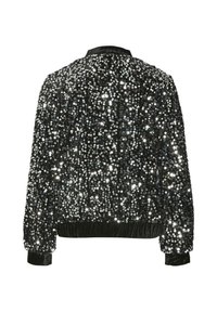 Veste bomber noire recouverte de sequins, avec une texture lisse, des poignets et un ourlet côtelés, ainsi qu'un col arrondi. Vue arrière seulement.