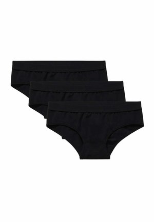 Tre slip neri in cotone disposti sovrapposti, mostrando un design semplice con elastici in vita e senza motivi o loghi visibili.