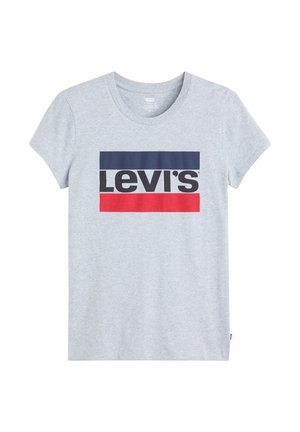 Harmaa puuvillapaita lyhyillä hihoilla, jossa on suuri Levi's-logo mustana, punaisena ja tummansinisenä edessä. Klassinen pyöreä pääntie.