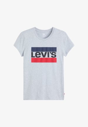 T-shirt en coton gris à manches courtes, arborant un grand logo Levi's en noir, rouge et bleu marine sur le devant. Design classique à col rond.