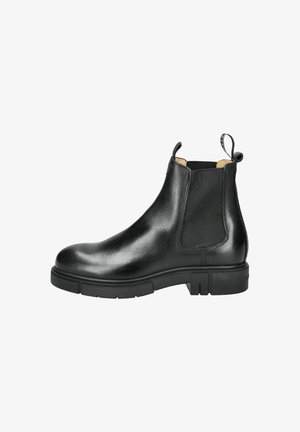 Schwarze Leder-Chelsea-Boots mit elastischen Einsätzen, einer Ziehlasche, glatter Oberfläche und einer stabilen Gummisohle mit Profil.