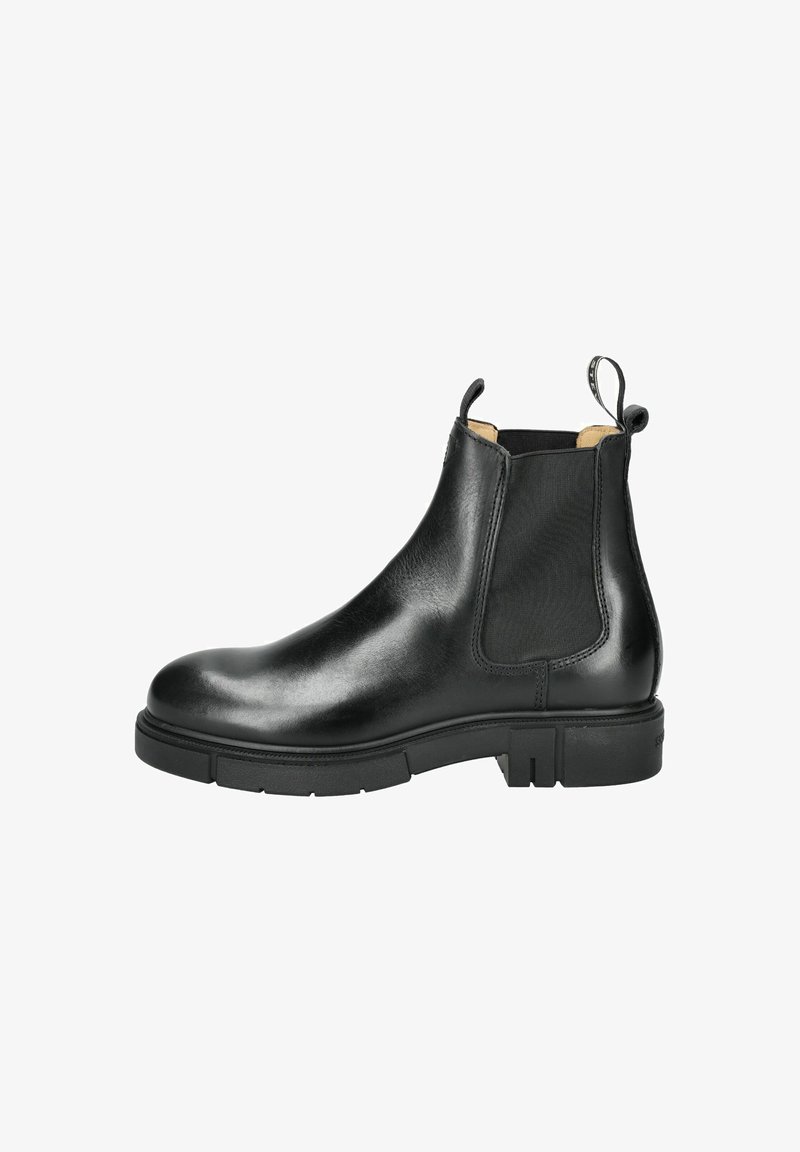 Bottines Chelsea en cuir noir avec panneaux élastiques, une languette, une surface lisse et une semelle en caoutchouc épaisse avec des détails de crampons.