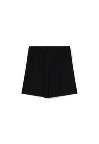Pantaloni corti neri realizzati in tessuto morbido con vita elastica. Presentano una vestibilità ampia e rilassata e un taglio diritto senza tasche.