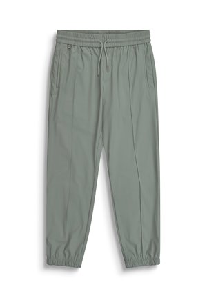 Lichtgrijs-groene joggingbroek met elastische tailleband en boorden, trekkoord, zijzakken en een klein metalen ringdetail aan de linkerkant.