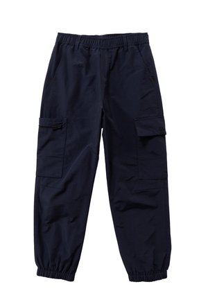 Donker marineblauwe cargo broek met elastische tailleband en boorden, voorzien van voorzakken en ritssluitingen aan de zijkant voor de cargo pockets.