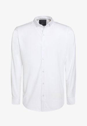 Weißes Hemd mit langen Ärmeln, Knopfleiste und spitzem Kragen, dezent strukturiert.
