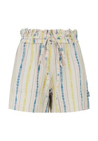 Shorts en tissu léger avec une taille élastique à cordon, présentant des rayures verticales dans des motifs bleus, jaunes et roses sur un fond crème.