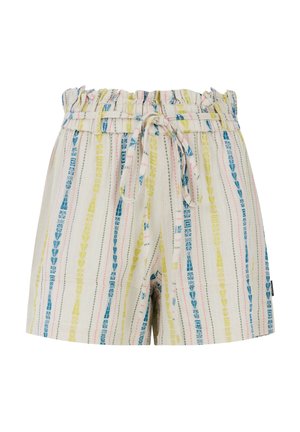 Pantaloni corti in tessuto leggero con cintura regolabile, caratterizzati da strisce verticali nei colori blu, giallo e rosa su uno sfondo crema.