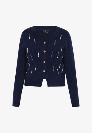 Navyblauer gerippter Cardigan mit V-Ausschnitt, fünf dekorativen Knöpfen und senkrecht angeordneten Perlenakzenten auf der Vorderseite. Kurzes, tailliertes Design.