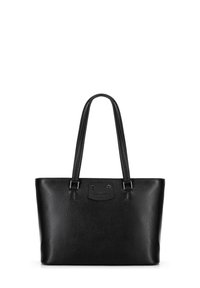 Zwarte leren tote bag met een textuur oppervlak, twee lange handvatten en een rechthoekige vorm. Bevat een logopatch aan de voorkant.