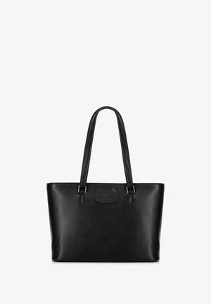 Black leather tote bag with textured surface, two long handles, and a rectangular shape. Features a logo patch on the front.