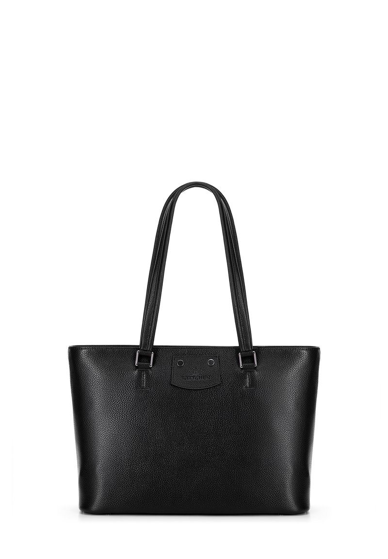 Zwarte leren tote bag met een textuur oppervlak, twee lange handvatten en een rechthoekige vorm. Bevat een logopatch aan de voorkant.