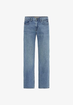 Heledad sinine denimist teksapüksid sirge säärega, klassikalise viie taskuga disain ja nähtavad õmblustead. Ilma kaunistusteta.