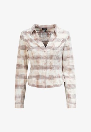 Chemise légère à carreaux avec manches longues, présentant des couleurs beige et marron, fermeture boutonnée à l'avant, col pointu et détail de logo sur la poitrine.