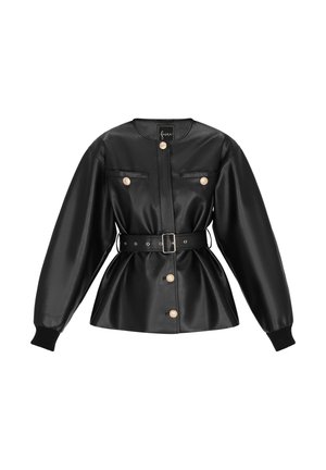 Black faux leather jacket with long sleeves, tailored waist, and front pockets. Features gold-tone buttons and a matching belt.