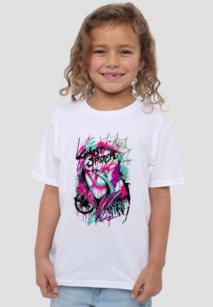 White cotton t-shirt featuring a colorful graphic of a masked figure with splatter effects in pink, green, and blue, and "Ghost Spider" text.