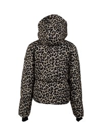Giacca a vento con cappuccio, con motivo leopardato beige e nero, mostrata da dietro con maniche lunghe e polsini aderenti.