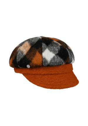 Schiebermütze aus Wollmischung mit ziegelrotem Schirm und kariertem Muster in Schwarz, Weiß, Grau und Orange auf der Krone.