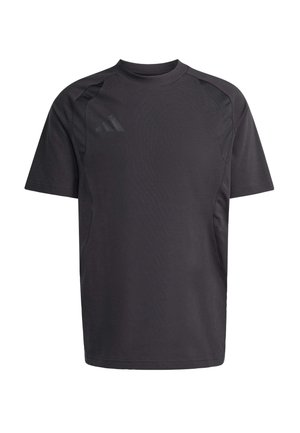 Zwart sportshirt met korte mouwen, ronde hals en een gestructureerd patroon aan de zijkanten. Voorzien van een subtiel logo op de borst.