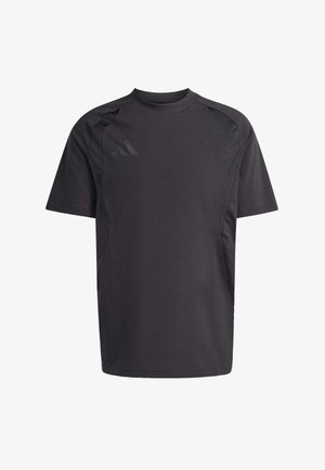 Zwart sportshirt met korte mouwen, ronde hals en een gestructureerd patroon aan de zijkanten. Voorzien van een subtiel logo op de borst.