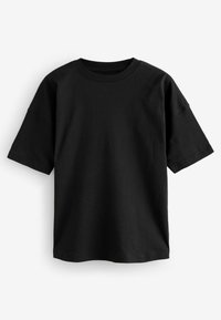 Zwarte T-shirt van katoen, met een klassieke ronde hals, korte mouwen en een relaxte pasvorm. Gladde textuur zonder patronen.