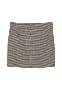 Gonna a quadretti houndstooth marrone e nera con taglio dritto, presenta pieghe e una vita per adattamento e comfort.